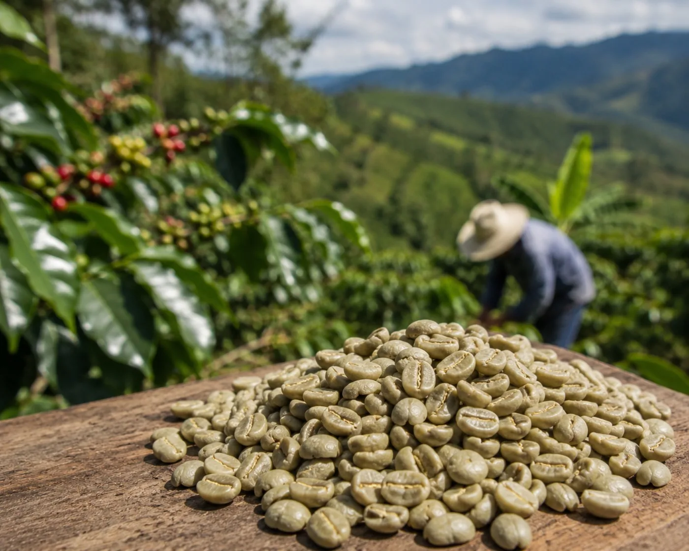 Café excelso tras la trilla, sobre madera, con el cafetal al fondo